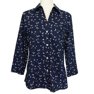 Foxcroft Easy Care Navy Blue Bird Novelty Print Button-Up Shirt Career Office